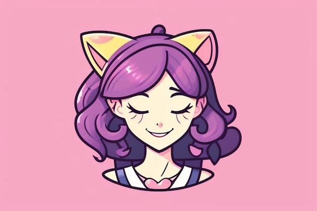 Photo a cartoon of a cute girl with purple hair and a pink background