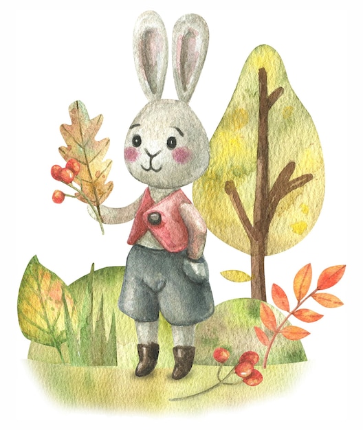 Cartoon cute hare and autumn forest made of grass, flowers, mushrooms, trees, leaves.