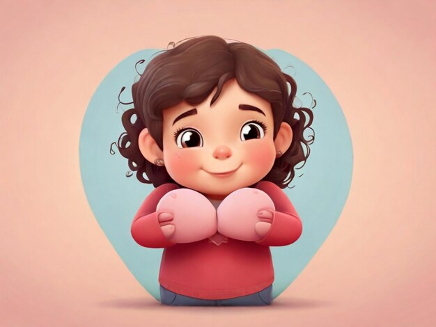 Cartoon cute heart with hands hugging self