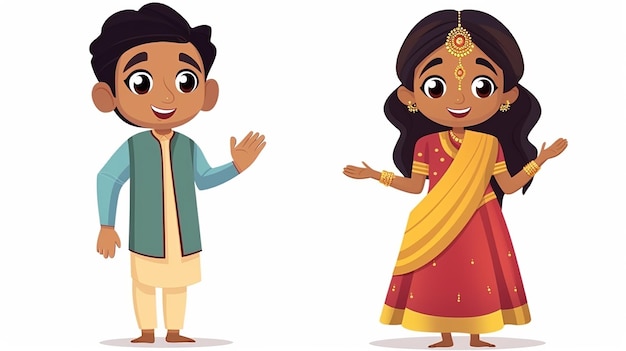 Photo cartoon cute indian man and woman in national clothes