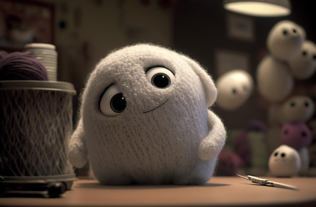 Cartoon cute knitted character is sitting on the table Generative AI