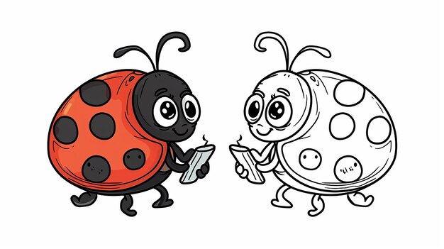 Photo cartoon cute ladybug with phone in hand color