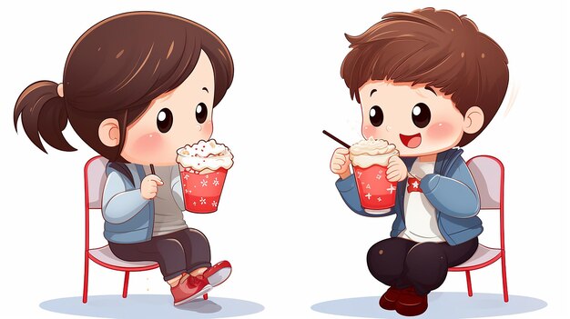 Photo cartoon cute little boy and girl cartoon drinking