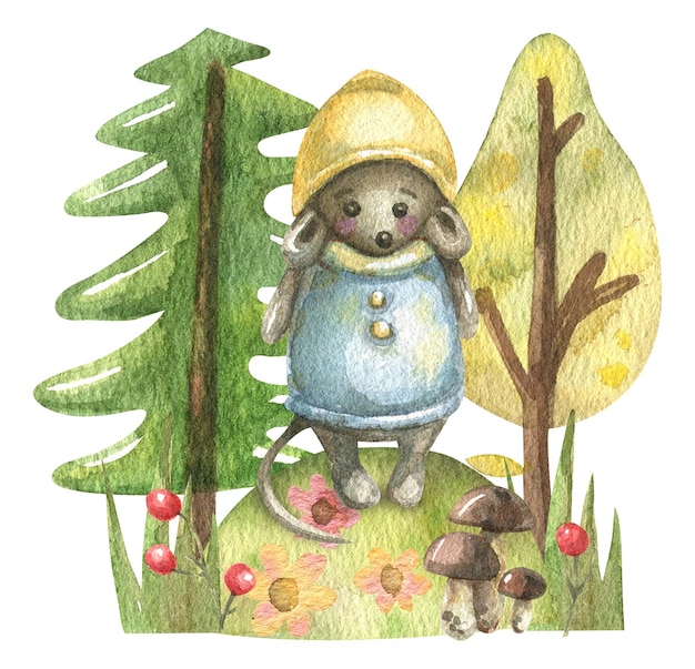 Cartoon cute little mouse and autumn forest made of grass, flowers, mushrooms, trees, leaves.