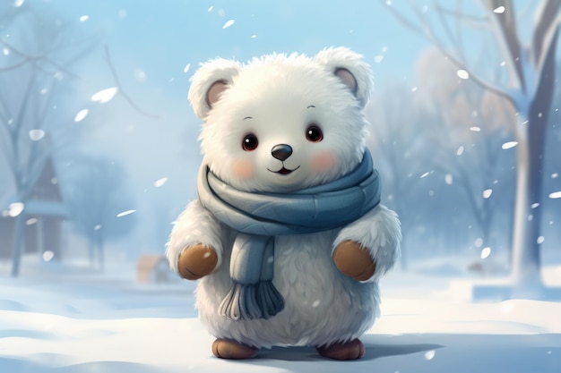 Cartoon cute polar bear in the snow wrapped in a scarf and sweater Space for text