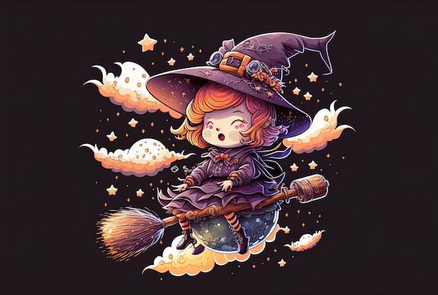 Cartoon of a cute witch astronaut floating on a magic broom