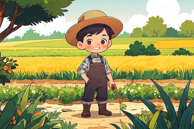 Cartoon Cute Young Male Farmer with Nature Colour Background