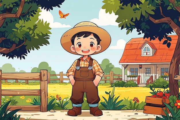 Cartoon Cute Young Male Farmer with Nature Colour Background