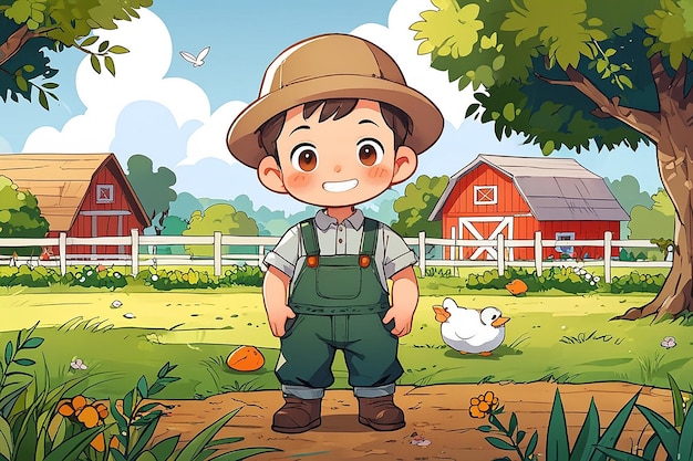 Cartoon Cute Young Male Farmer with Nature Colour Background