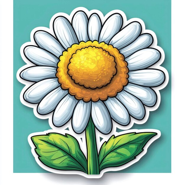 Cartoon Daisy Flower with Green Leaves