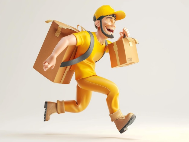 A cartoon delivery man in a yellow uniform running with packages looking cheerful and determined