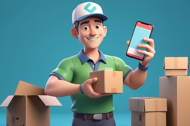 Cartoon Delivery Worker with Box Coming Out of Smartphone Marketplace Delivery Concept