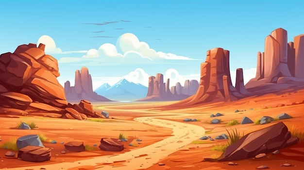 A cartoon desert landscape with rocks and a dirt road generative ai