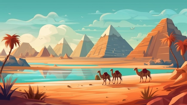 A cartoon desert scene with camels and pyramids in the distance generative ai