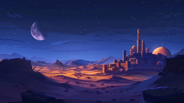 a cartoon of a desert with a planet in the background