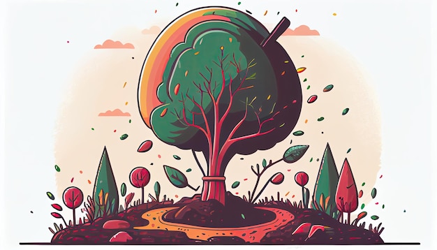 Cartoon design tree planting illustration colorful Earth Day the importance of loving nature