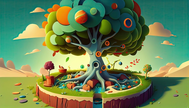 Cartoon design tree planting illustration colorful Earth Day the importance of loving nature