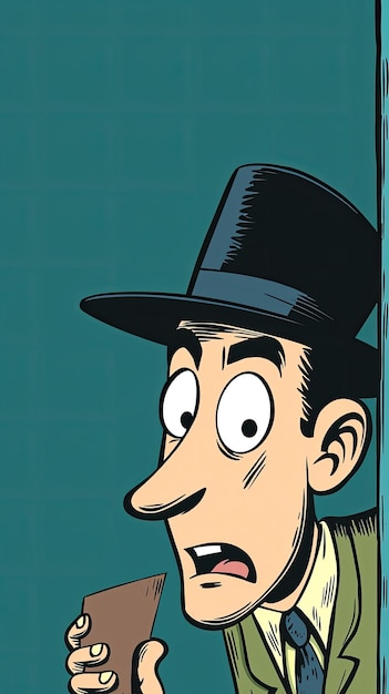 A cartoon detective peering from behind a wall looks shocked while holding a brown envelope His wide eyes and open mouth convey utter surprise Is he about to uncover a secret