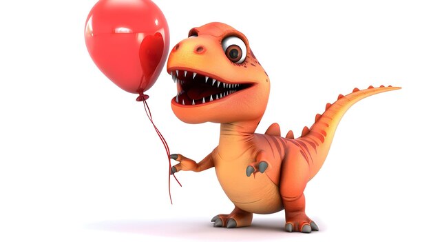 Cartoon Dinosaur Holding Colorful Balloon on White Background