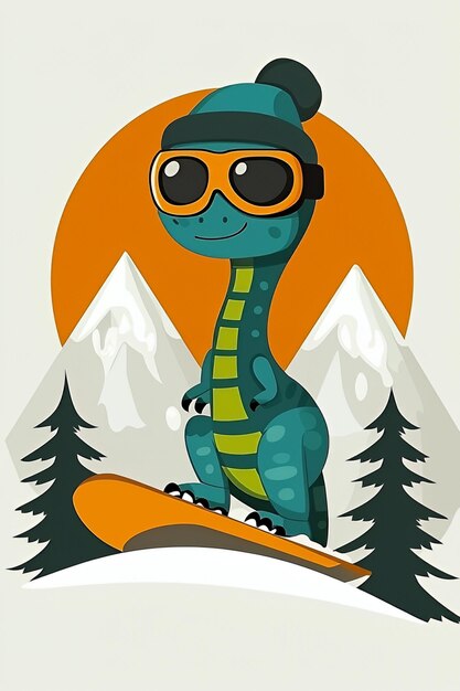 Photo cartoon dinosaur snowboarding in the mountains