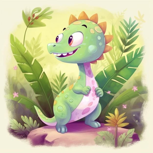 Cartoon dinosaur with a big smile standing on a rock in the jungle generative ai