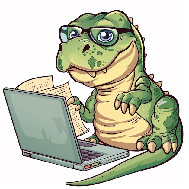 a cartoon of a dinosaur with glasses and a laptop