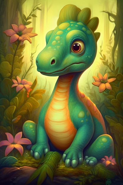 A cartoon dinosaur with a green dinosaur sitting in a forest.