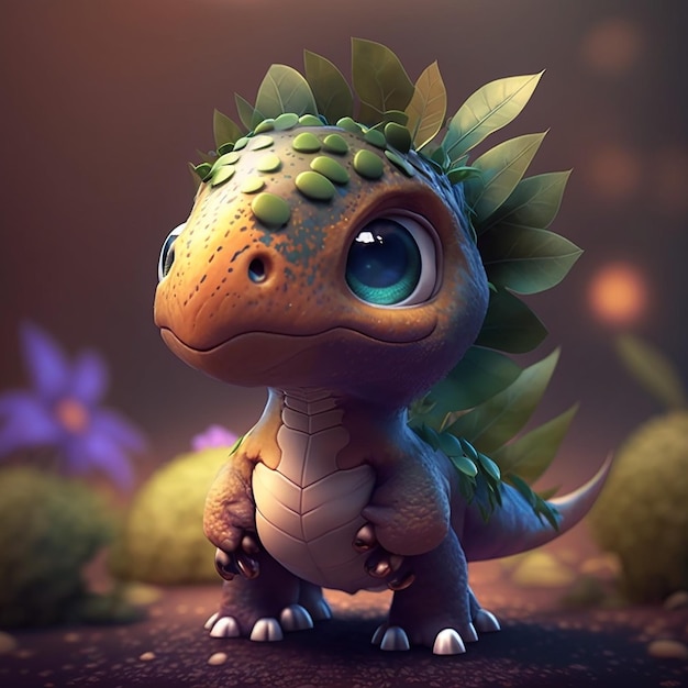 A cartoon dinosaur with green leaves on its head