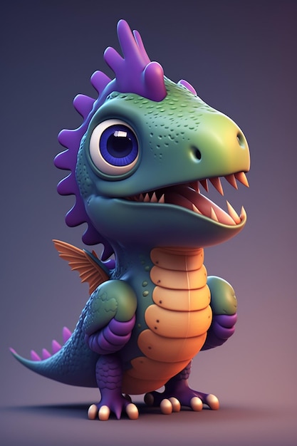 A cartoon dinosaur with purple wings and a purple tail.