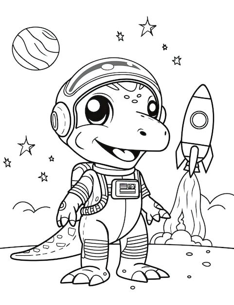 Photo a cartoon of a dinosaur with a rocket and a rocket in the background