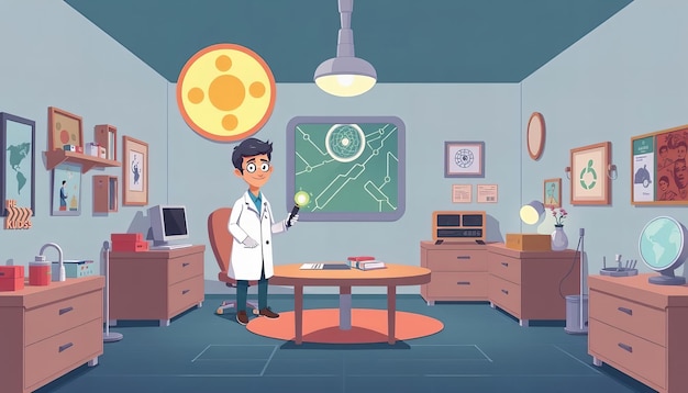 Photo cartoon of a doctor in a lab with a magnifying glass