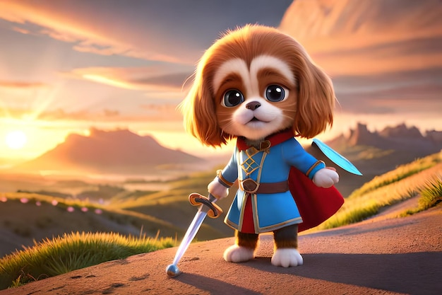 Cartoon dog character in a blue coat with a sword in his hand