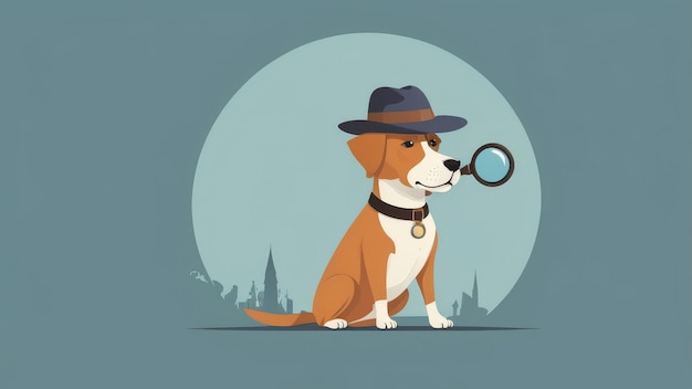 Photo a cartoon dog detective looks through a magnifying glass