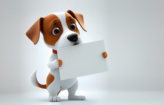 Cartoon dog holding a blank sign 3D rendering