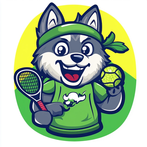 Photo a cartoon dog holding a tennis racket and a ball