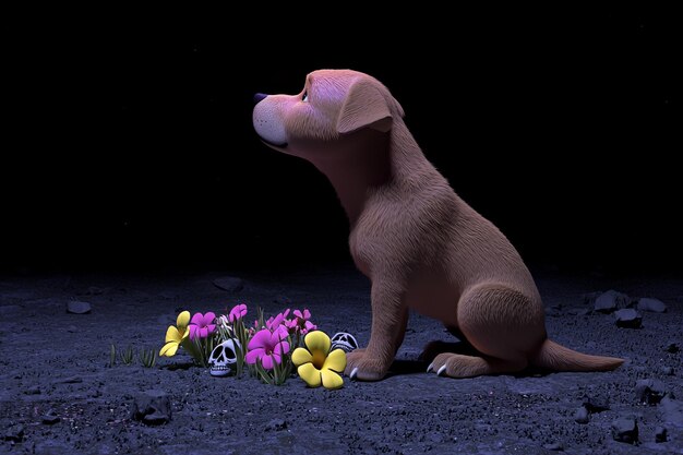 Photo cartoon dog looking up at the stars with flowers