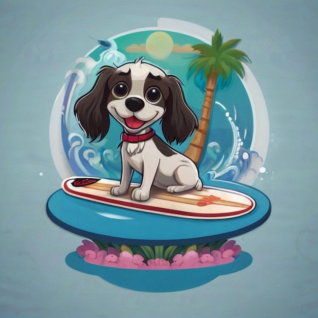 Photo a cartoon dog sits on a surfboard with a palm tree in the background