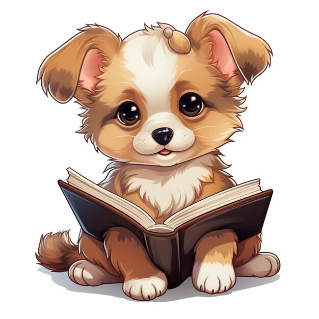 cartoon dog sitting down reading a book with big eyes generative ai