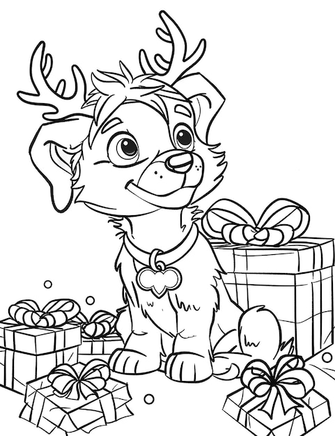 Photo a cartoon dog with a bow and a box of presents