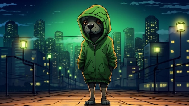 A cartoon dog with a green hoodie and a green hoo