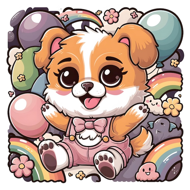 a cartoon dog with a rainbow in the background