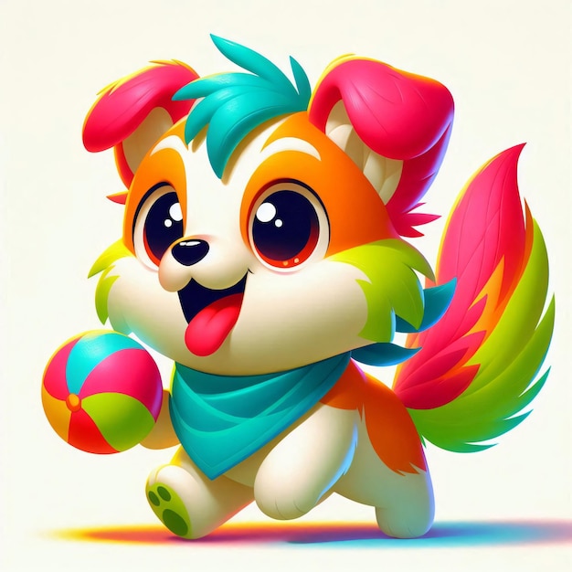 Photo a cartoon dog with a rainbowcolored tail holding a ball