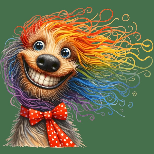 a cartoon dog with a red bow tie and a colorful hair tie