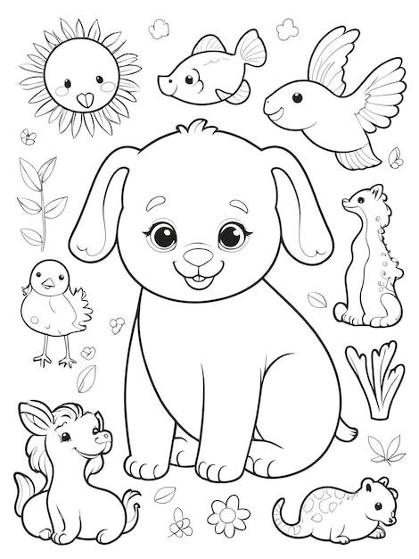 Photo a cartoon dog with a sunflower and birds