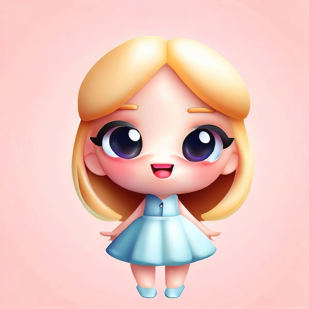 A cartoon doll with a blue dress and blue eyes is on a pink background.