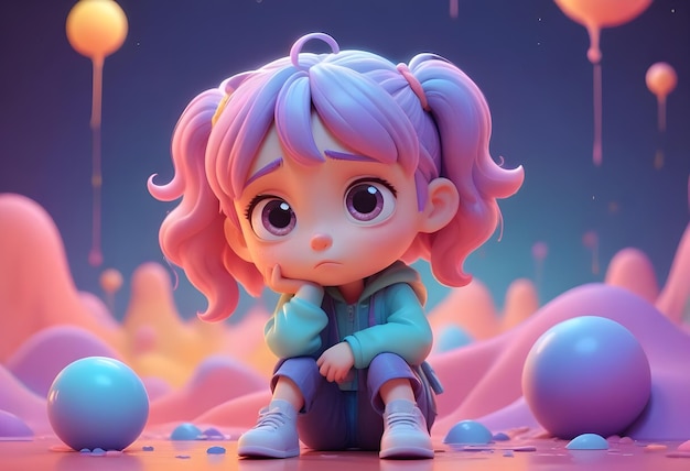 a cartoon doll with a blue shirt and a purple hair