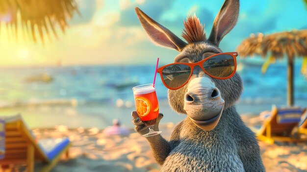 A cartoon donkey wearing sunglasses smiles while holding a cocktail on a beach