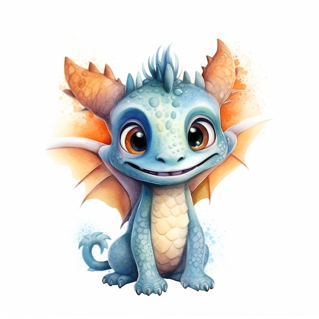 A cartoon dragon with orange horns and blue tail and orange horns sits on a white background.