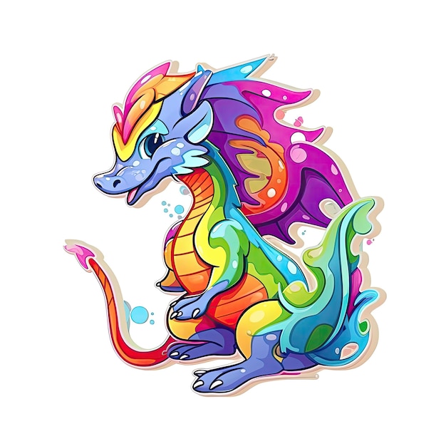 A cartoon dragon with a rainbow tail and a purple tail.