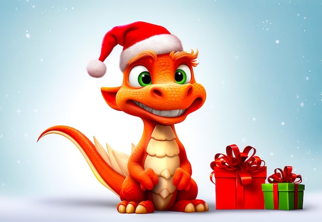 Cartoon dragon with santa hat next to gift box and christmas tree Generative AI